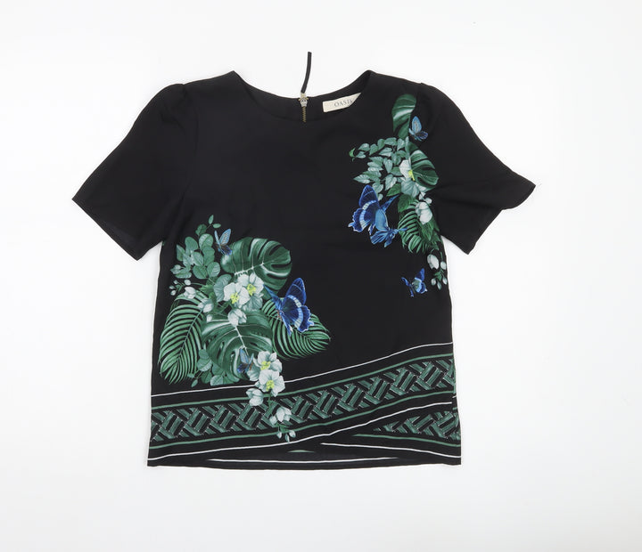 Oasis Womens Black Floral Butterfly Blouse Size 6 Short Sleeve