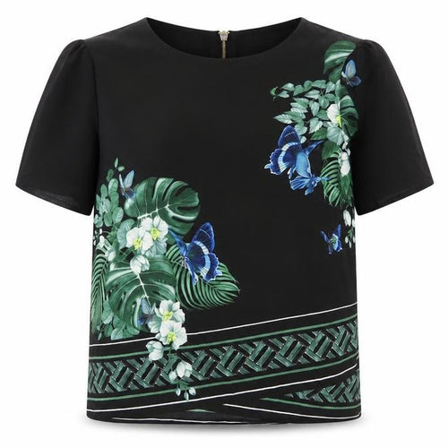 Oasis Womens Black Floral Butterfly Blouse Size 6 Short Sleeve