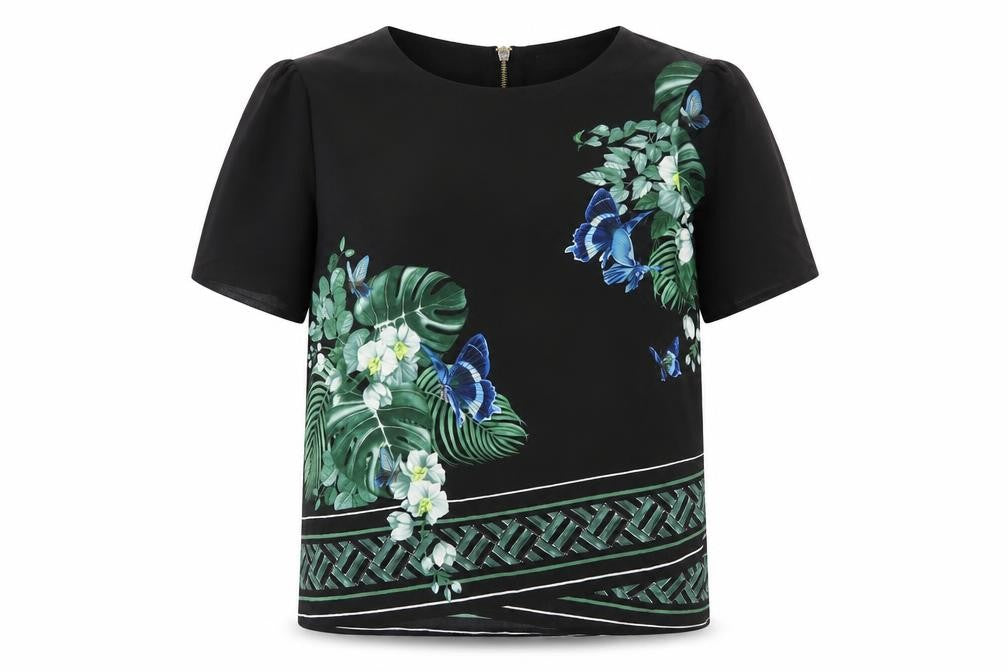 Oasis Womens Black Floral Butterfly Blouse Size 6 Short Sleeve