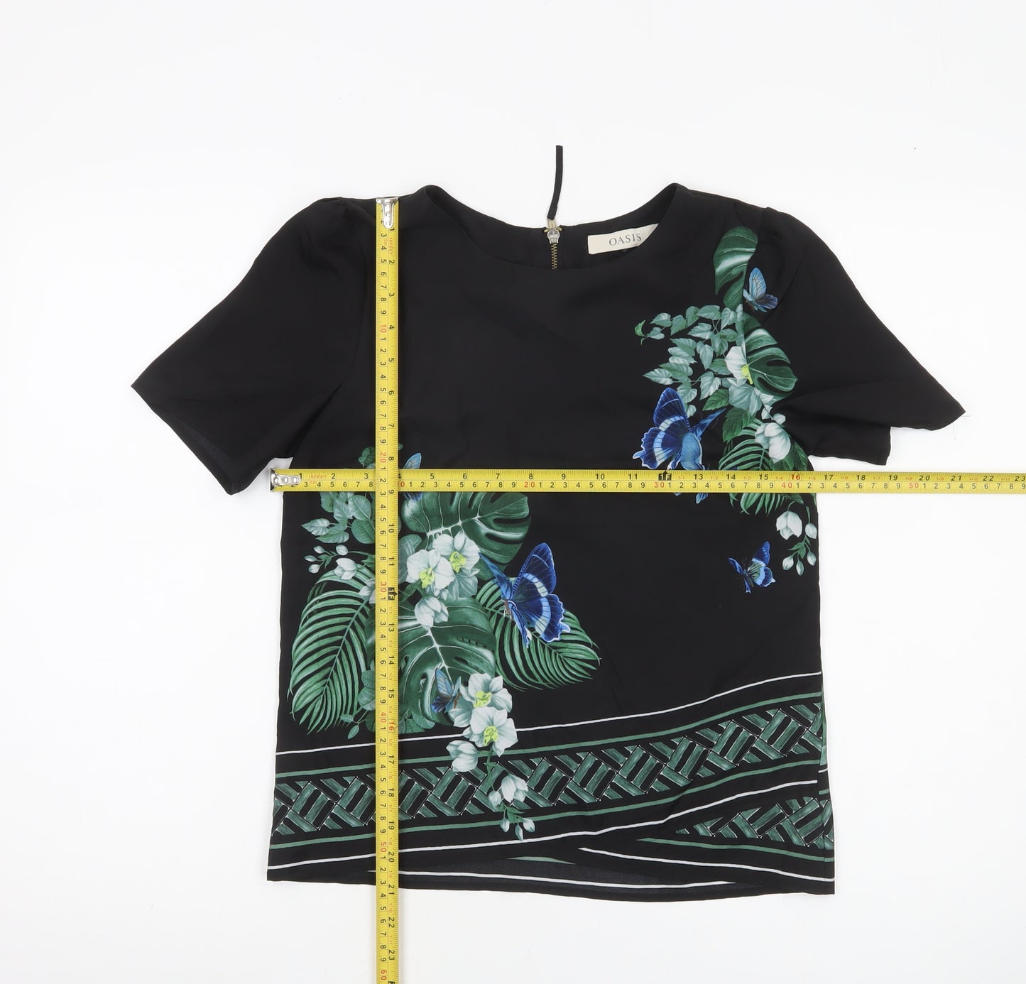 Oasis Womens Black Floral Butterfly Blouse Size 6 Short Sleeve