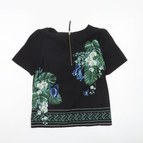 Oasis Womens Black Floral Butterfly Blouse Size 6 Short Sleeve