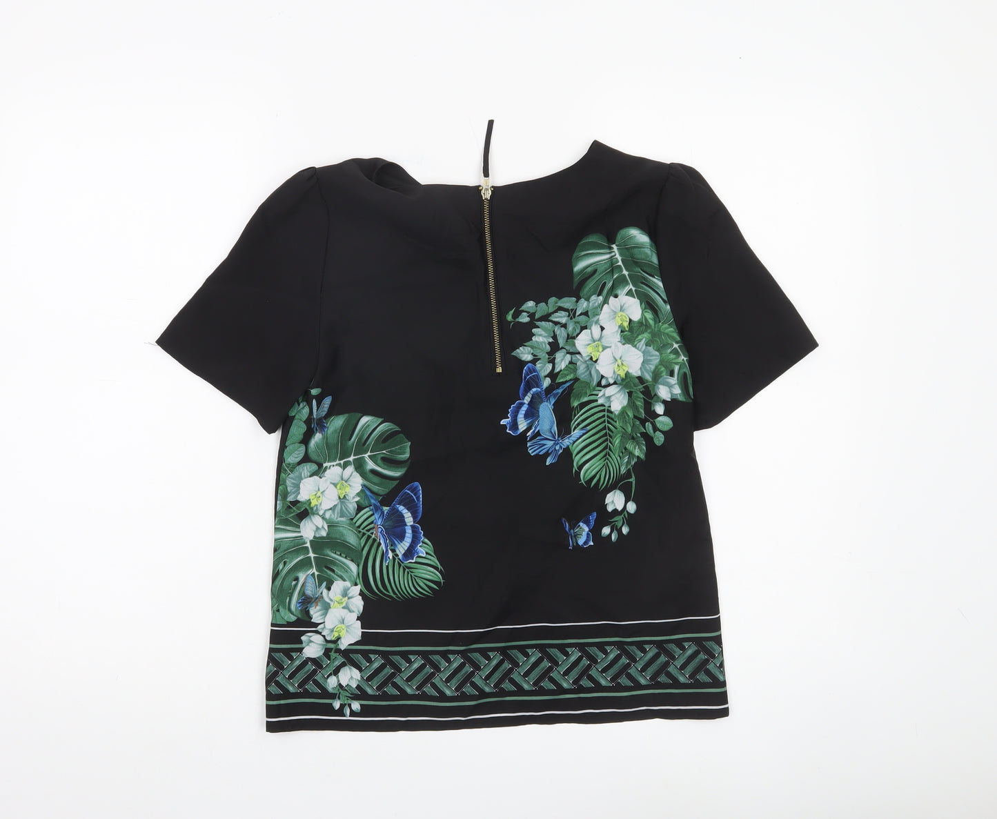 Oasis Womens Black Floral Butterfly Blouse Size 6 Short Sleeve