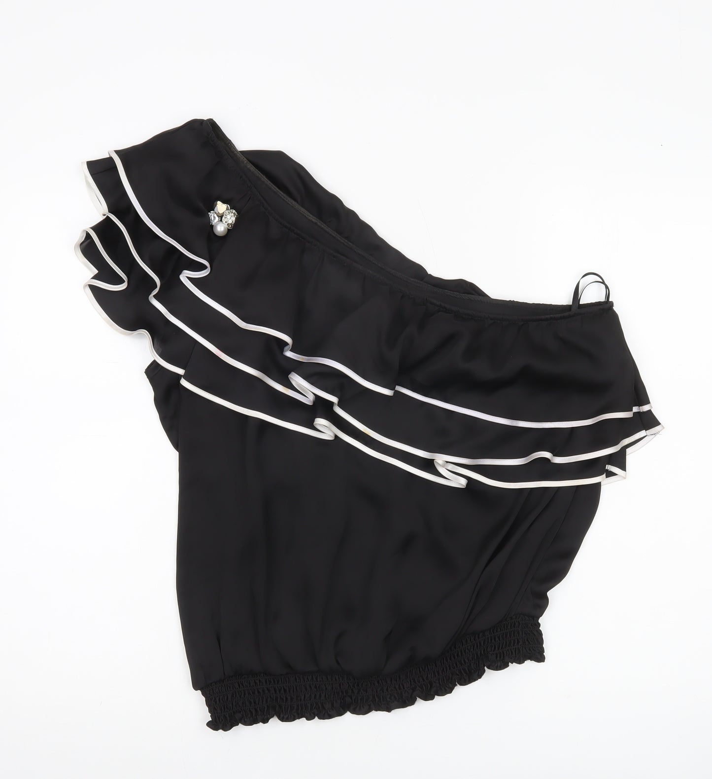 Red Herring Womens Black One Shoulder Ruffle Blouse Size 18