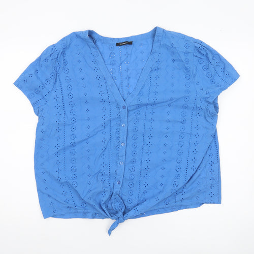 Roman Women Blue Cotton Cropped Blouse Size 18 V-Neck Short Sleeve