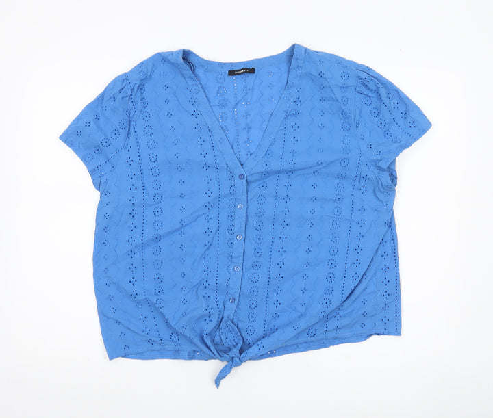 Roman Women Blue Cotton Cropped Blouse Size 18 V-Neck Short Sleeve