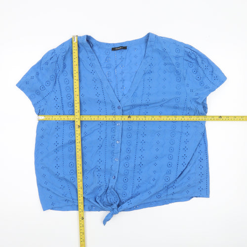 Roman Women Blue Cotton Cropped Blouse Size 18 V-Neck Short Sleeve