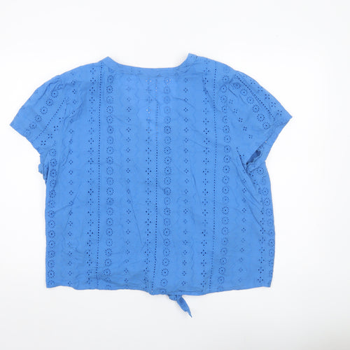 Roman Women Blue Cotton Cropped Blouse Size 18 V-Neck Short Sleeve