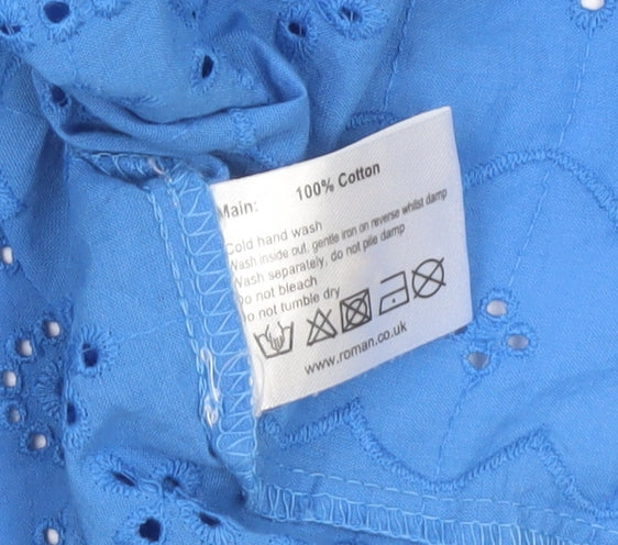 Roman Women Blue Cotton Cropped Blouse Size 18 V-Neck Short Sleeve