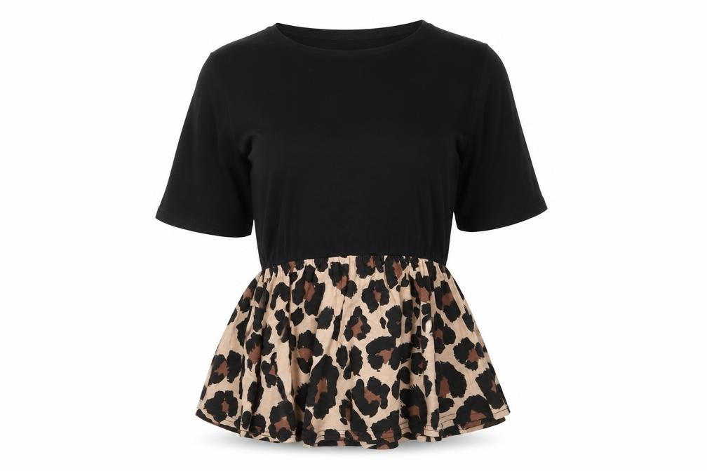 Front view of Boohoo women’s black leopard print peplum blouse uk 12 regular