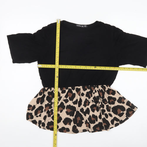 Boohoo Womens Black Leopard Print Peplum Blouse UK 12 Regular