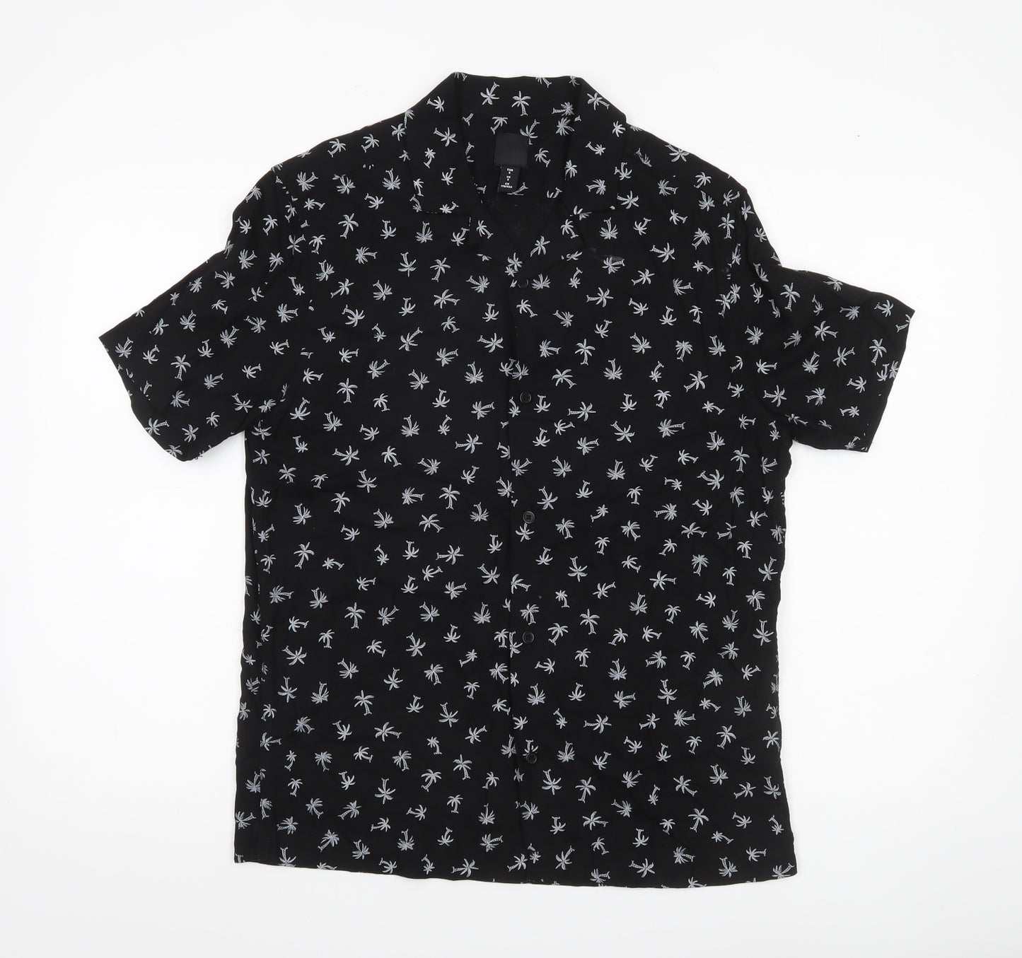 H&M Men’s Black Tropical Palm Print Short Sleeve Shirt Size S