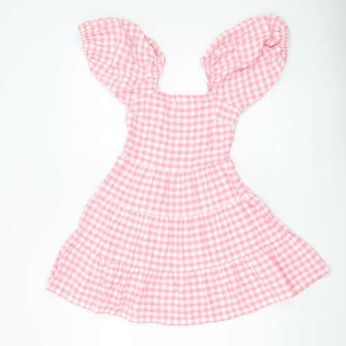Influence Women’s Pink Gingham Skater Dress Size 6 Puff Sleeve