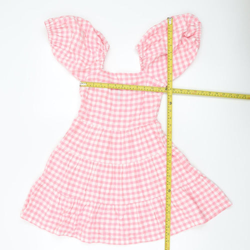 Influence Women’s Pink Gingham Skater Dress Size 6 Puff Sleeve
