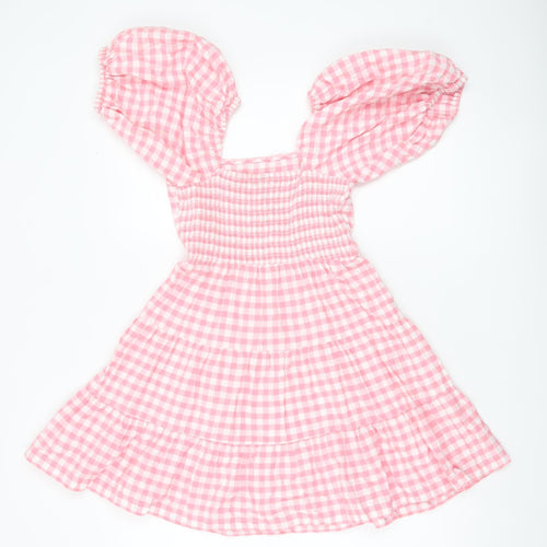 Influence Women’s Pink Gingham Skater Dress Size 6 Puff Sleeve