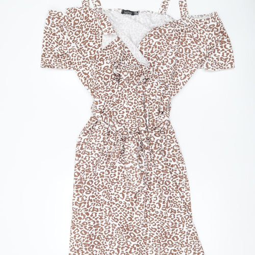 Boohoo Women Brown Leopard Wrap Dress Size 20 Plus Cold Shoulder