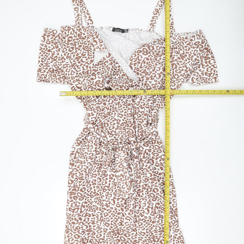 Boohoo Women Brown Leopard Wrap Dress Size 20 Plus Cold Shoulder