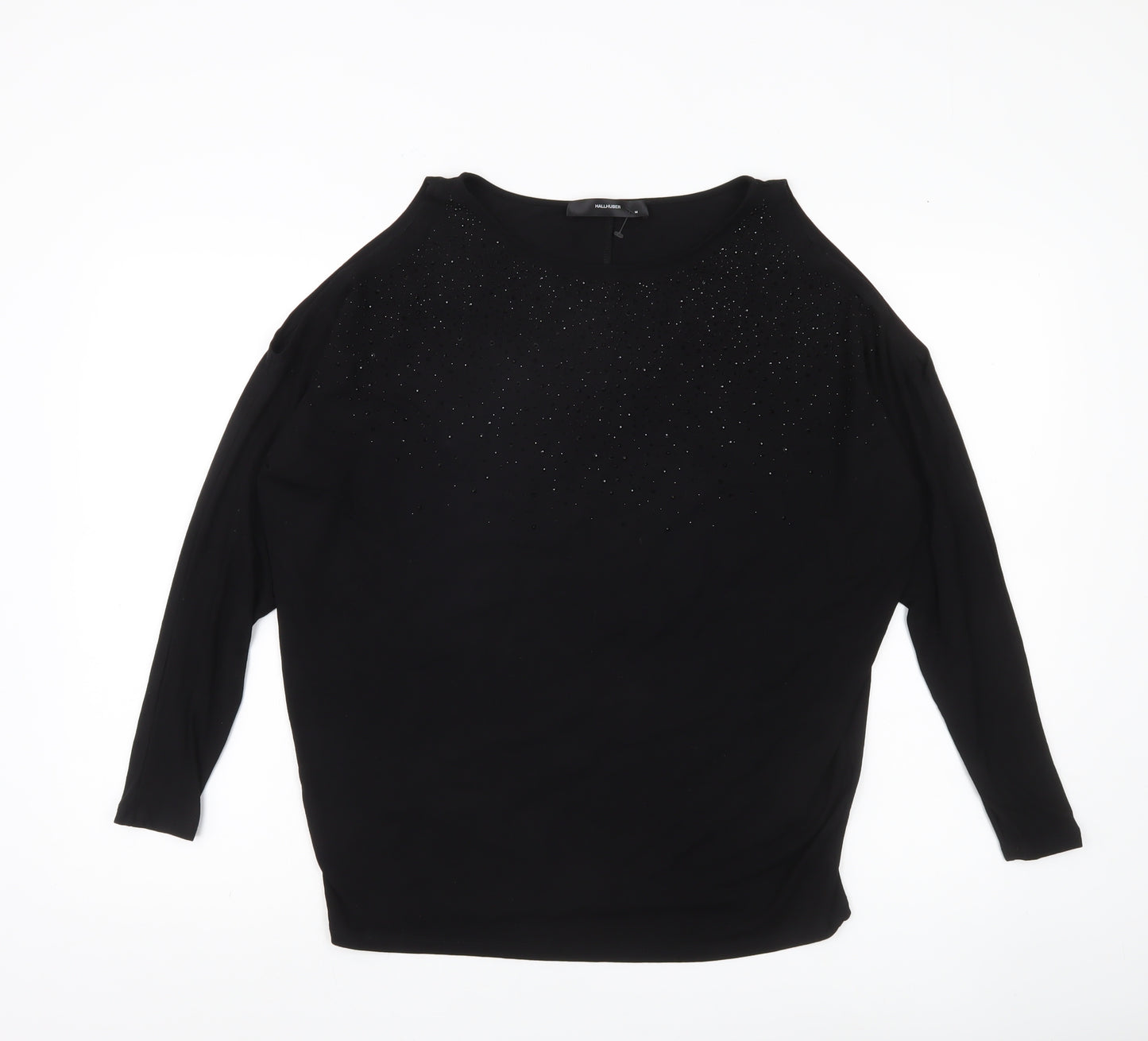 Hallhuber Women Black M Rhinestone Blouse 3/4 Sleeve Boat Neck