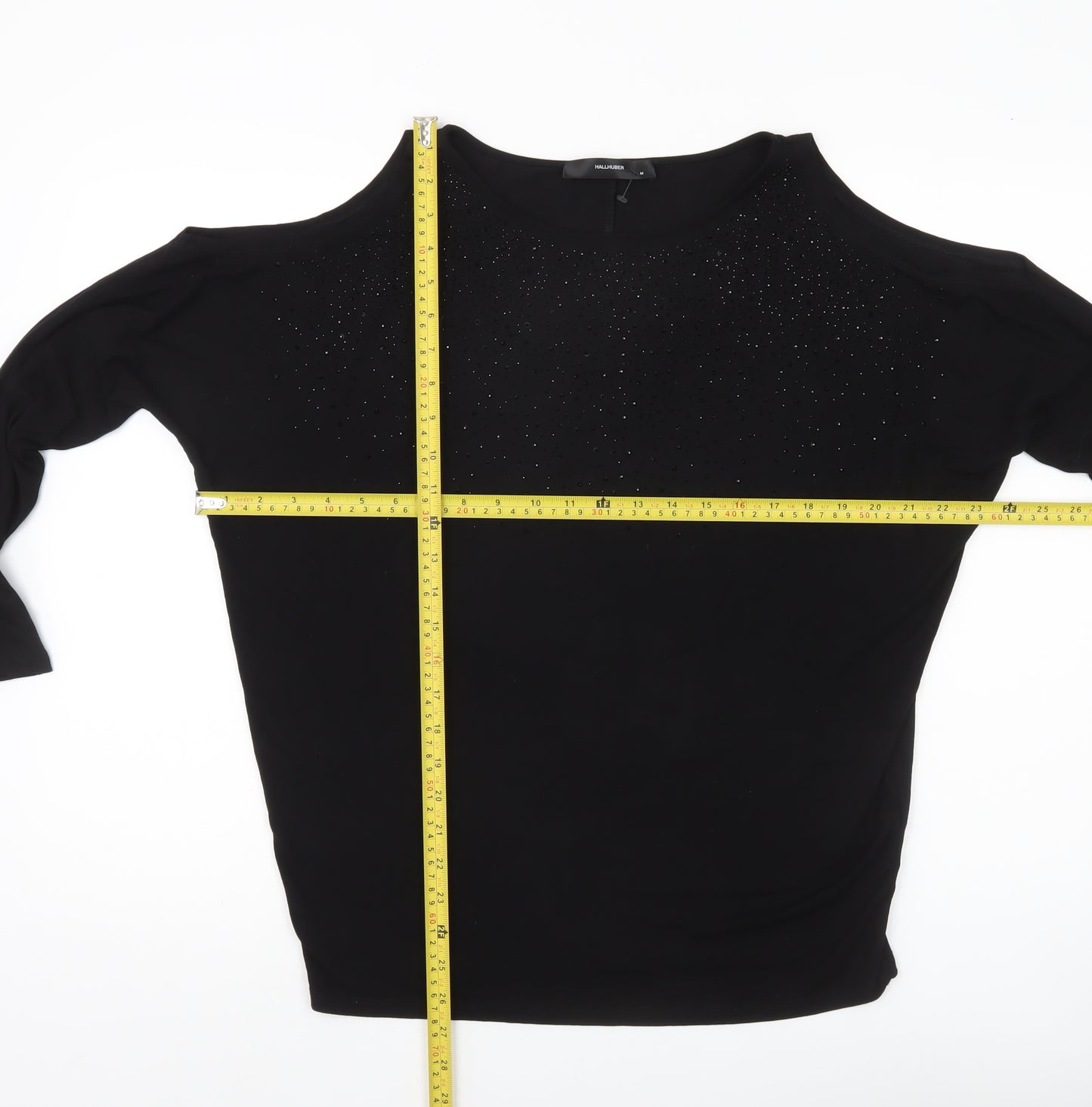 Hallhuber Women Black M Rhinestone Blouse 3/4 Sleeve Boat Neck
