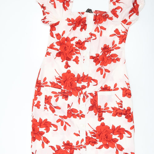 QED London Women’s Red Floral Shift Dress UK 14 Puff Sleeve