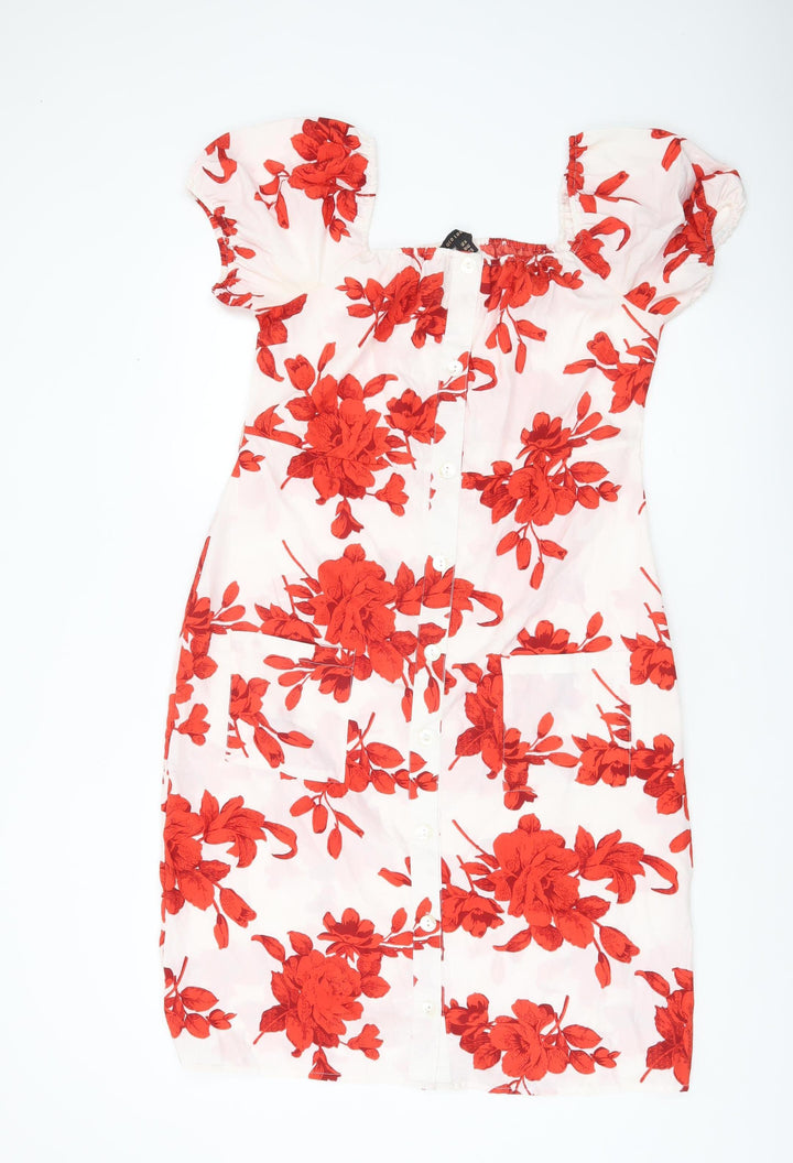 QED London Women’s Red Floral Shift Dress UK 14 Puff Sleeve