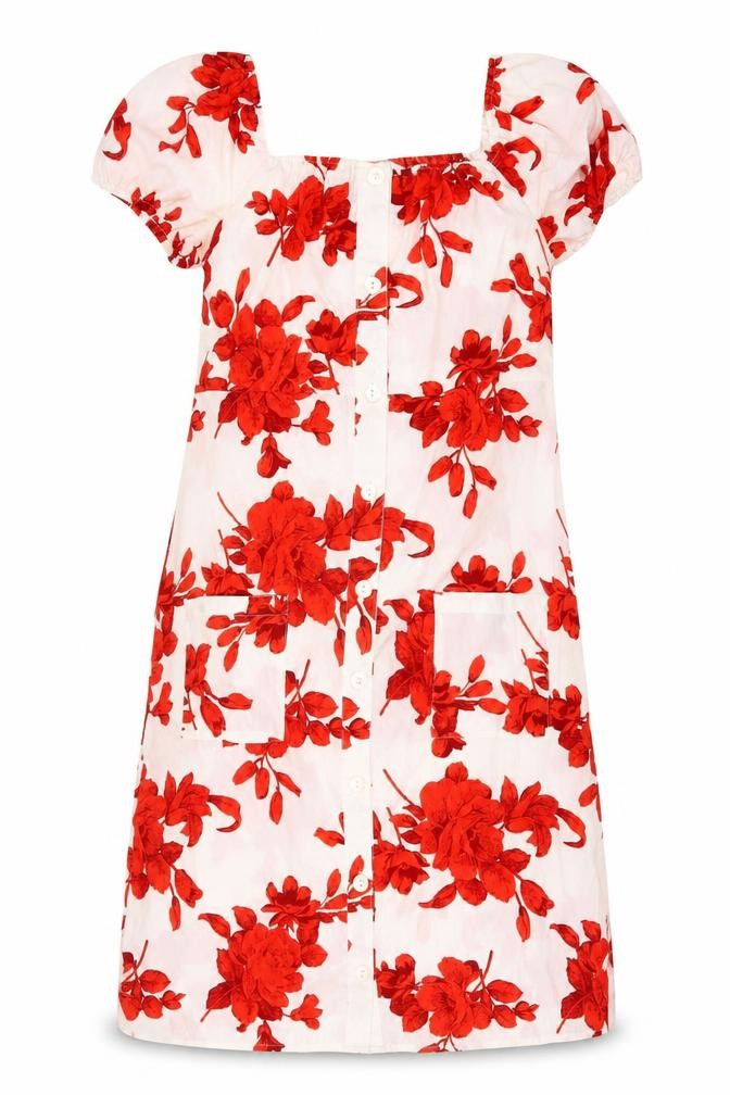 QED London Women’s Red Floral Shift Dress UK 14 Puff Sleeve