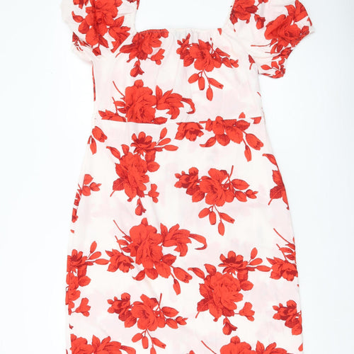 QED London Women’s Red Floral Shift Dress UK 14 Puff Sleeve