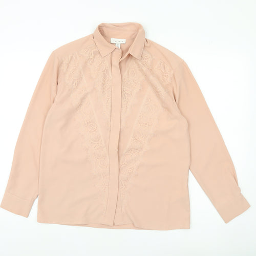 Topshop Women Beige Lace Blouse UK 8 Long Sleeve Collared
