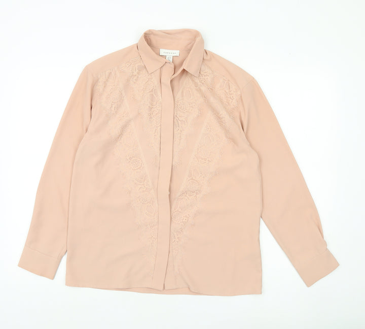 Topshop Women Beige Lace Blouse UK 8 Long Sleeve Collared