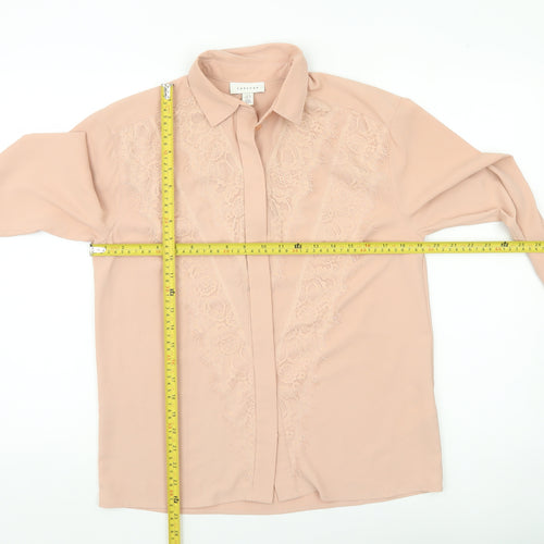 Topshop Women Beige Lace Blouse UK 8 Long Sleeve Collared