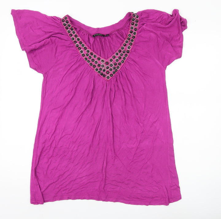 Fylo Womens Purple Beaded V-Neck Tunic Blouse Size L Short Sleeve