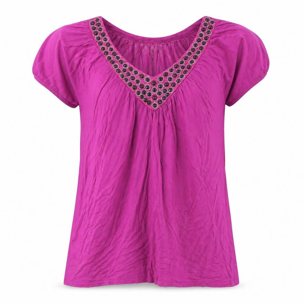 Fylo Womens Purple Beaded V-Neck Tunic Blouse Size L Short Sleeve