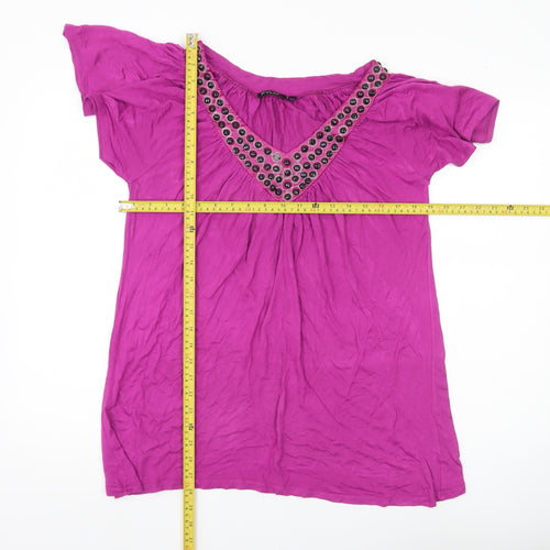 Fylo Womens Purple Beaded V-Neck Tunic Blouse Size L Short Sleeve