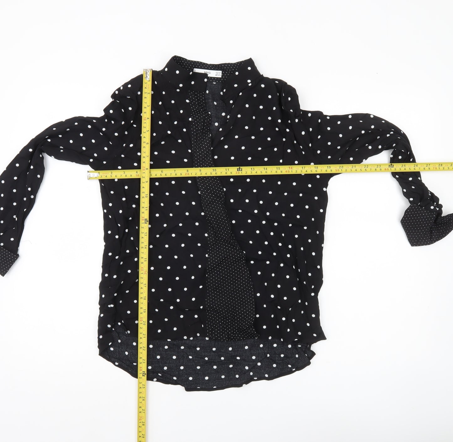 MNG Women’s Black Polka Dot Button-Up Shirt XS Long Sleeve Viscose