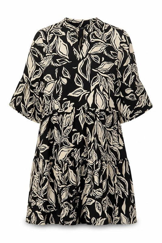 Front view of Klass Women’s Black Knee Length Shift Dress, size UK 10, Floral Bell Sleeve
