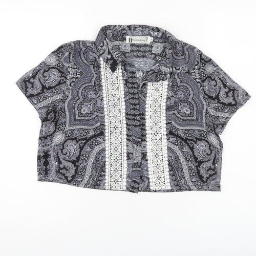 Hearts & Bows Womens Black Paisley Crochet Blouse M Cropped Short Sleeve