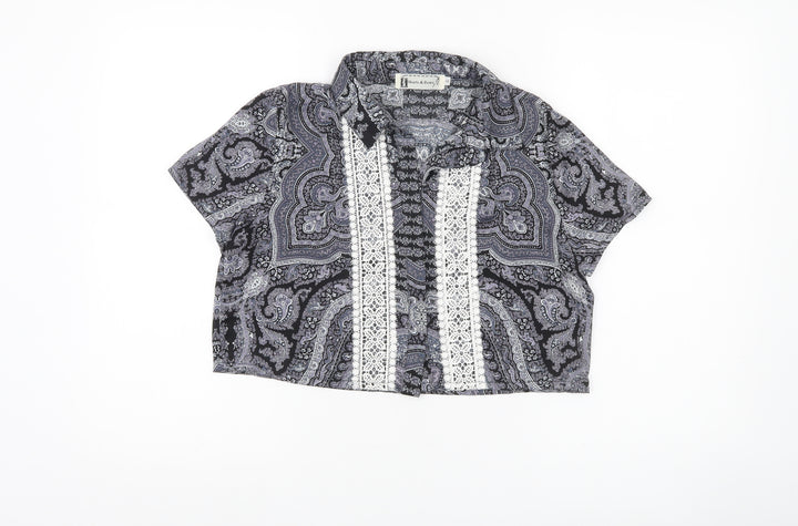 Hearts & Bows Womens Black Paisley Crochet Blouse M Cropped Short Sleeve