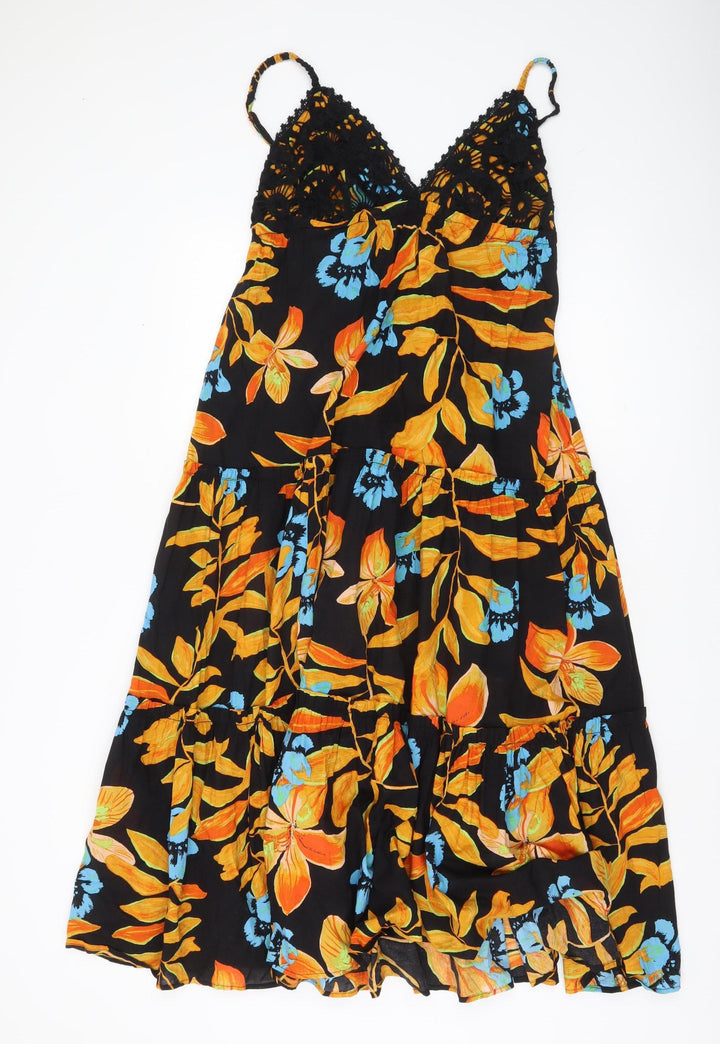River Island Womens Black Floral Cotton Slip Dress M V-Neck
