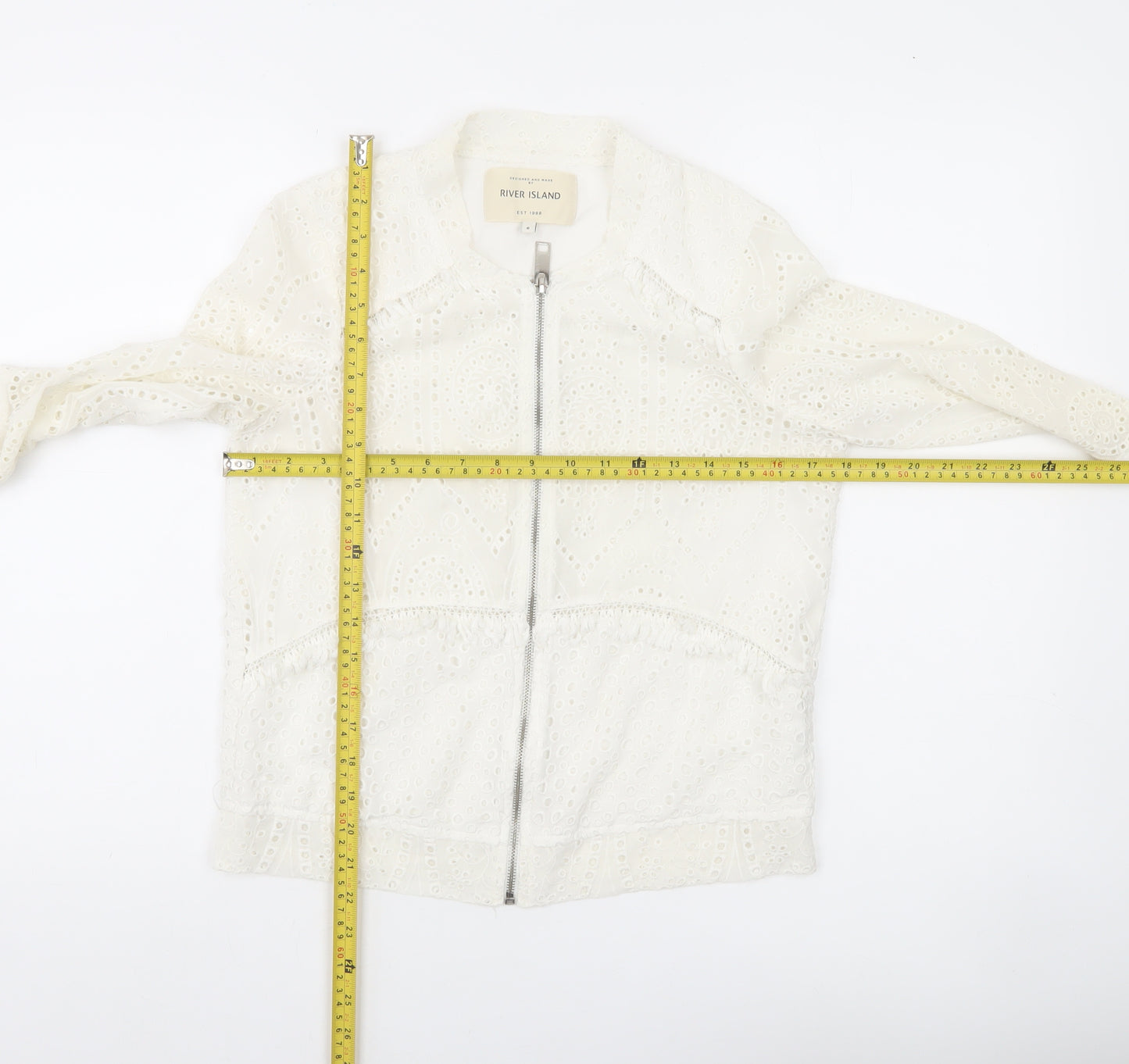 River Island Women White Lace Tunic Top Size 6 Zip Detail