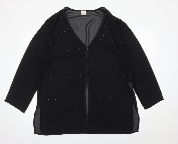 Elvi Women’s Black Beaded Tunic Blouse Size 16 V-Neck 3/4 Sleeve