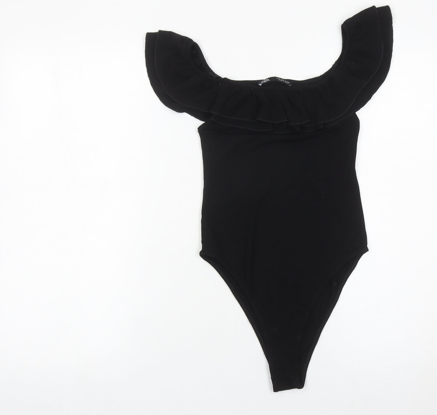 Zara Women Black Off Shoulder Ruffle Bodysuit Size S