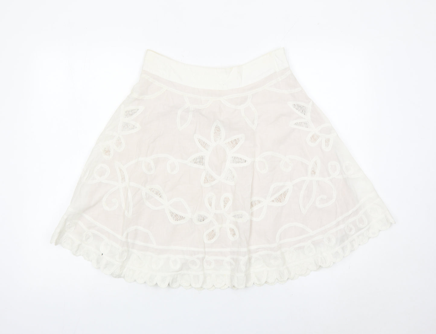 Reiss Women’s Ivory A-Line Embroidered Cotton Skirt Size 8