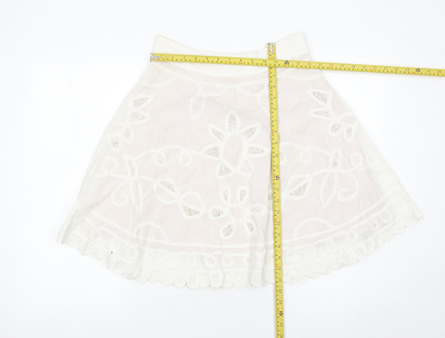 Reiss Women’s Ivory A-Line Embroidered Cotton Skirt Size 8