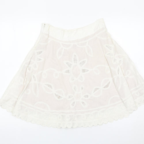 Reiss Women’s Ivory A-Line Embroidered Cotton Skirt Size 8