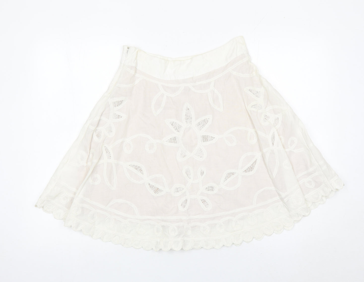Reiss Women’s Ivory A-Line Embroidered Cotton Skirt Size 8