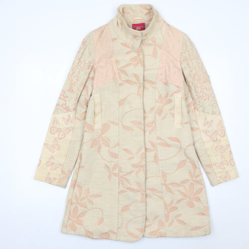 Cream Womens Beige Butterfly Floral Coat Size 6 Long Sleeve Overcoat