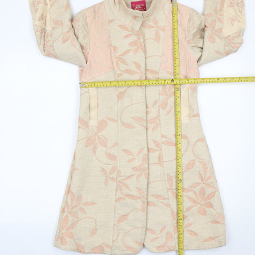 Cream Womens Beige Butterfly Floral Coat Size 6 Long Sleeve Overcoat