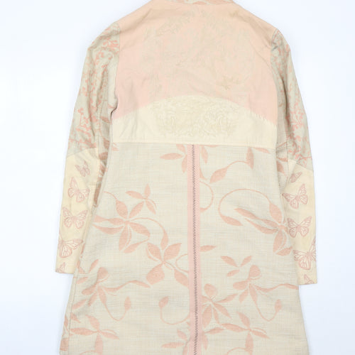 Cream Womens Beige Butterfly Floral Coat Size 6 Long Sleeve Overcoat