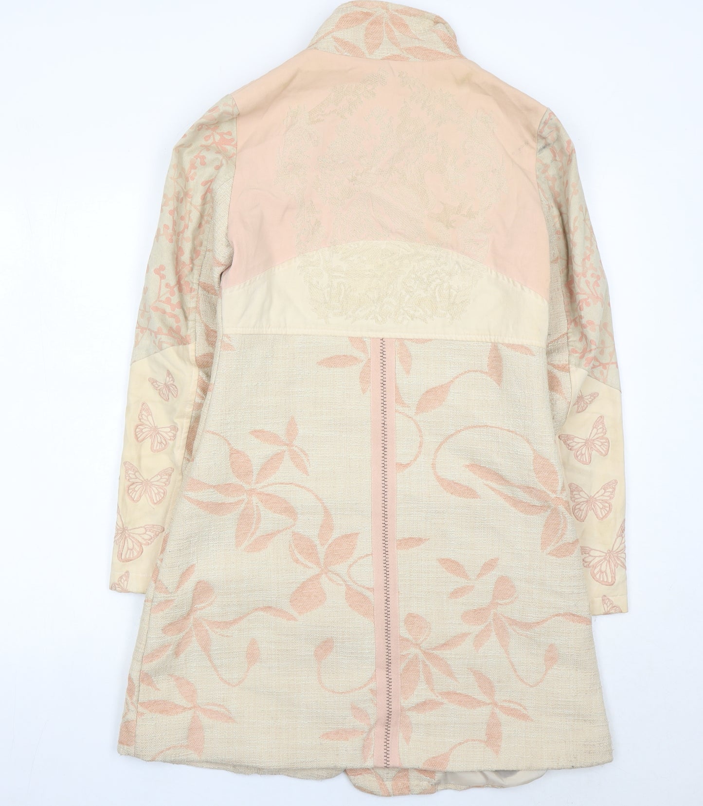 Cream Womens Beige Butterfly Floral Coat Size 6 Long Sleeve Overcoat