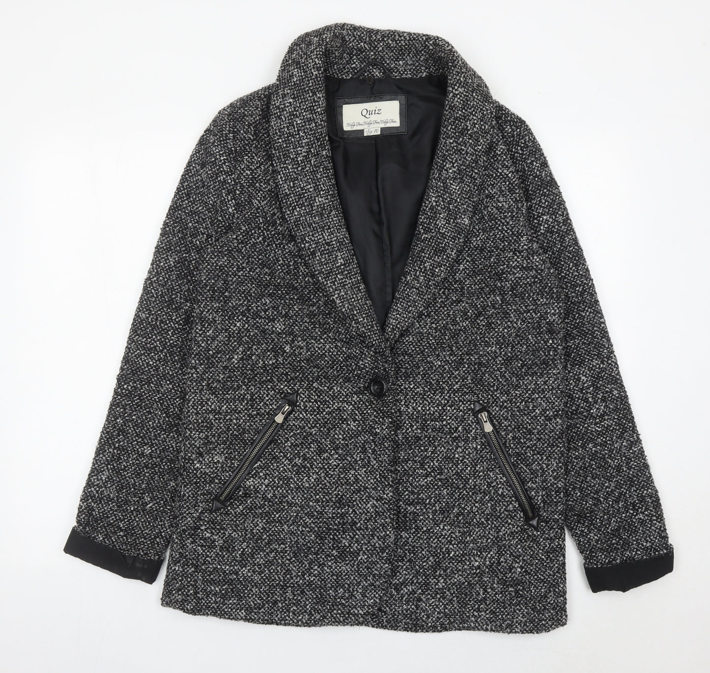 Quiz Women Grey Tweed Shawl Collar Blazer Jacket Size 10