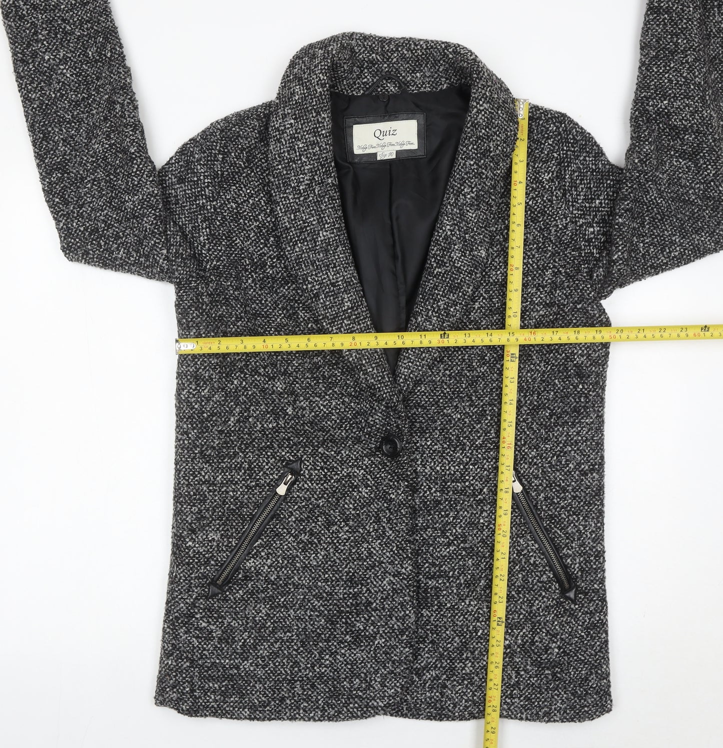 Quiz Women Grey Tweed Shawl Collar Blazer Jacket Size 10